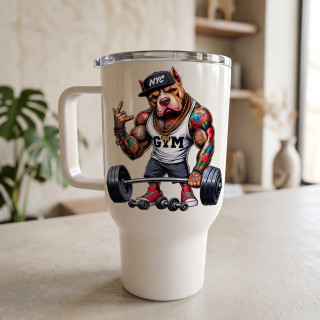 Cestovní termohrnek „Svalnatý pitbull z posilovny“ – 450 ml
